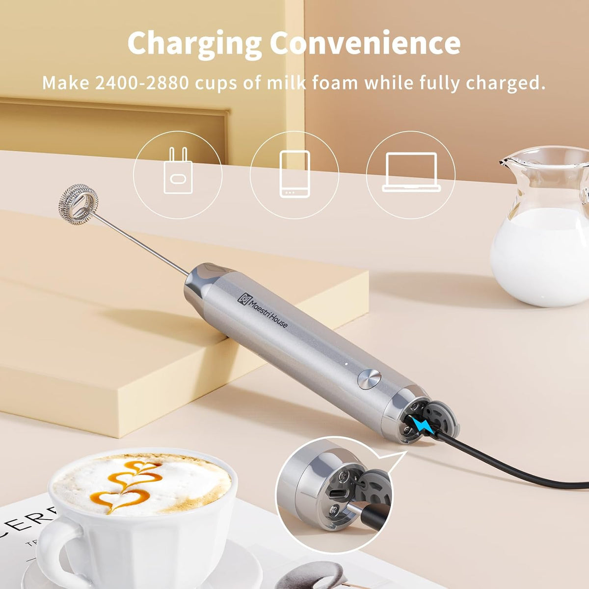 Maestri House Rechargeable Milk Frother with Stand, LunaFro Handheld Electric Foam Maker Waterproof Detachable Stainless Steel Whisk Drink Mixer Foamer for Lattes, Cappuccino