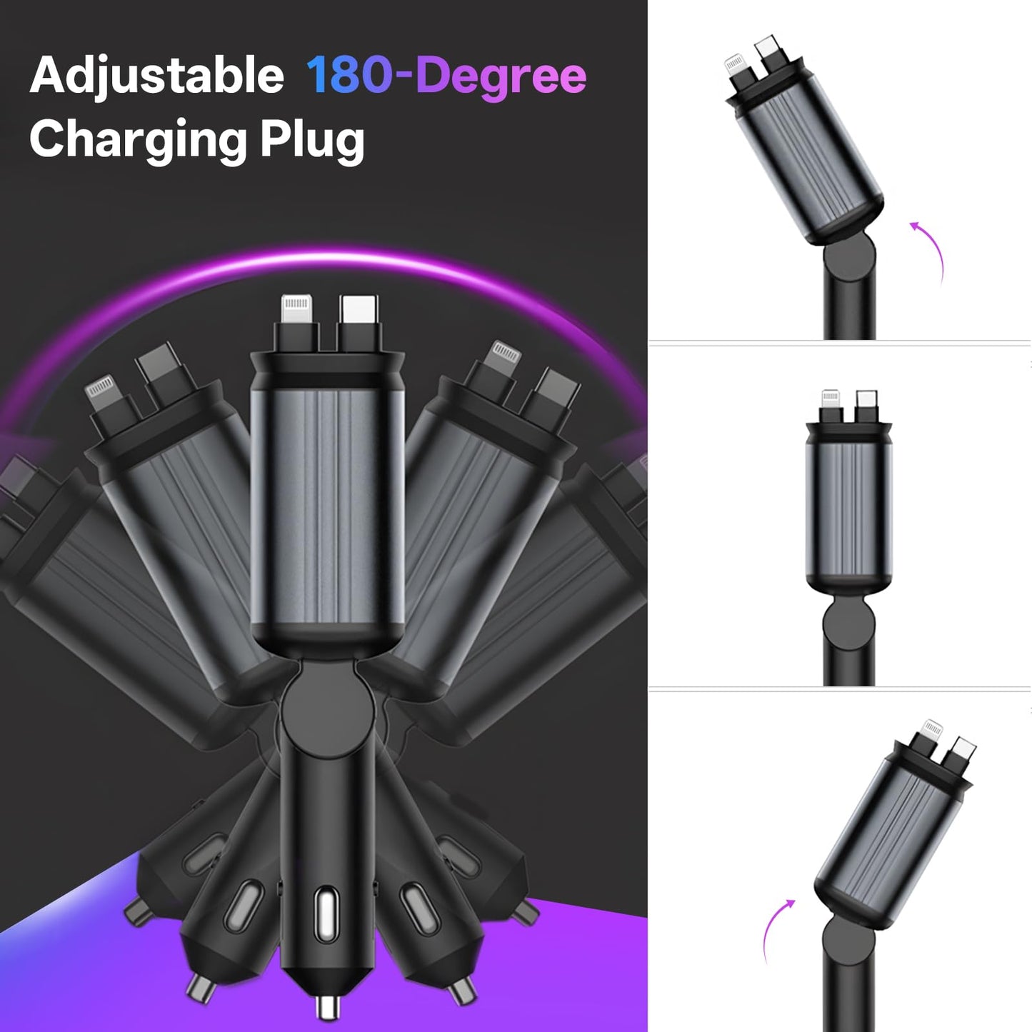 Retractable Car Charger, 4-in-1 Fast Charger with USB-C & USB-A