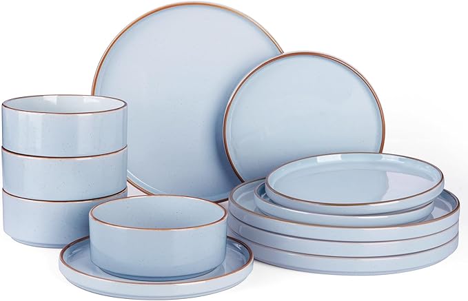 Famiware Nebula Plates and Bowls Sets for 4, 12 Pieces Stoneware Dinnerware Set, Microwave and Dishwasher Safe Dishes Set, Light Blue with Brown Rim