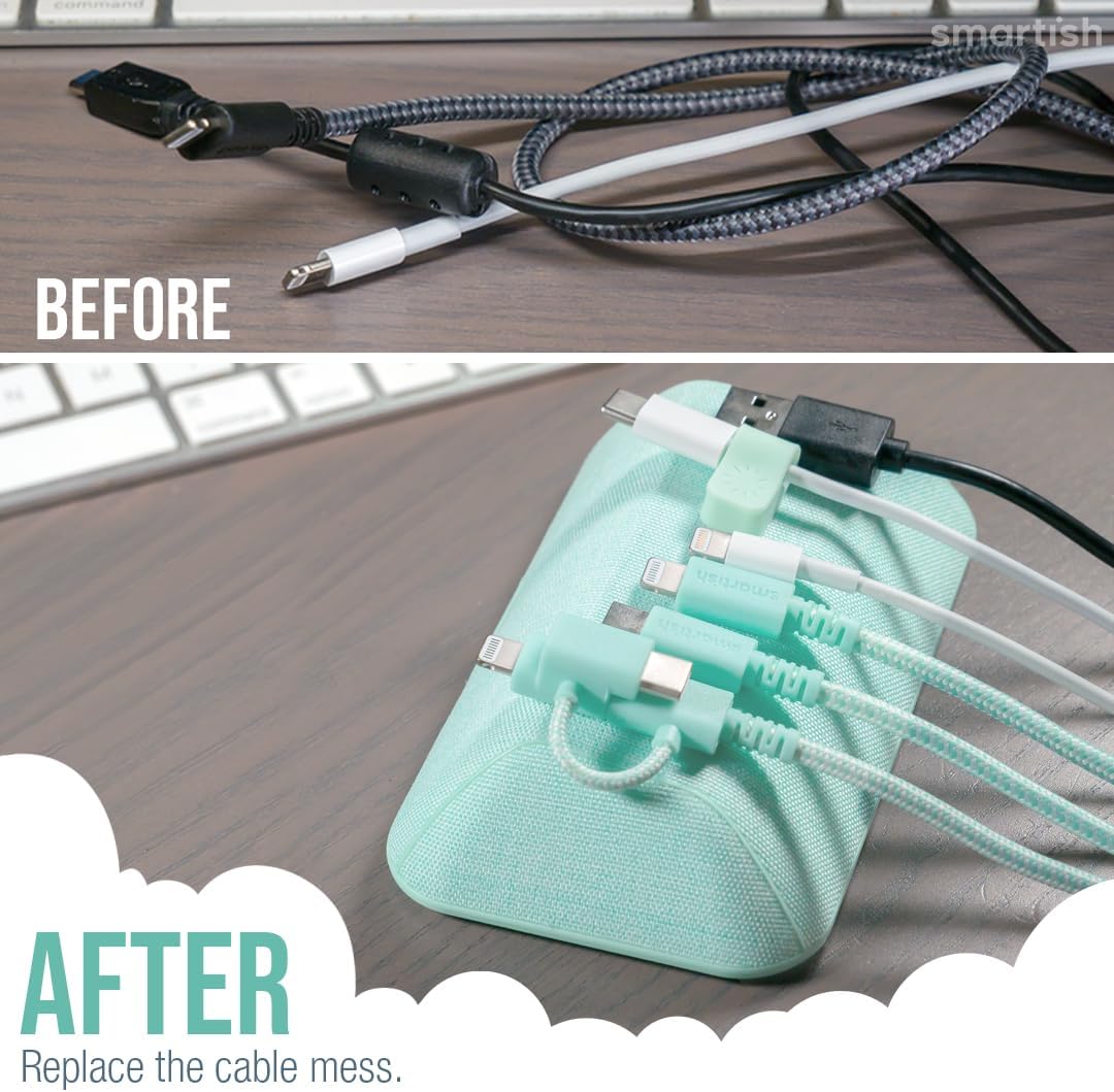 Smartish® Magnetic Cord Holder - Bigger Cable Wrangler Organizer with Magnet Clips for Charger Management on Desktop, Nightstand, or Side Table - Holds 6+ Cables - Teal Me More