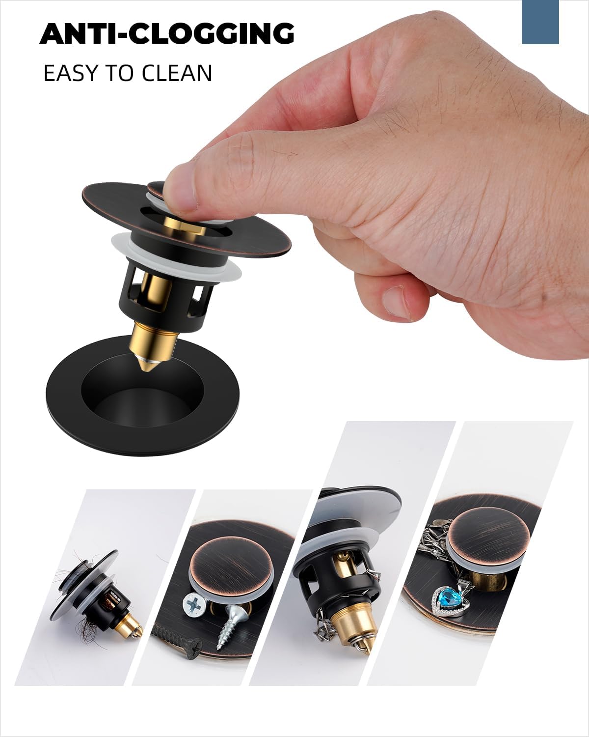 Hibbent All Metal Universal Bathroom Sink Stopper for 1.1''~2.3'' Basin, Pop Up Sink Drain Strainer, Brass Bullet Core Push Type Stopper, Stainless Steel Anti Clogging Drain Filter, Oil-Rubbed Bronze