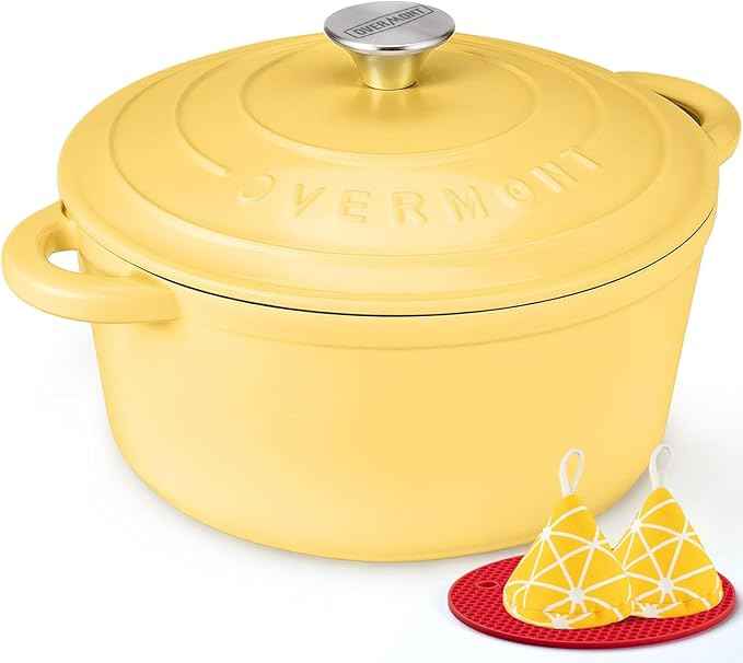 Overmont Enameled Cast Iron Dutch Oven - 5.5QT Pot with Lid Cookbook & Cotton Potholders - Heavy-Duty Cookware for Braising, Stews, Roasting, Bread Baking Goose Yellow