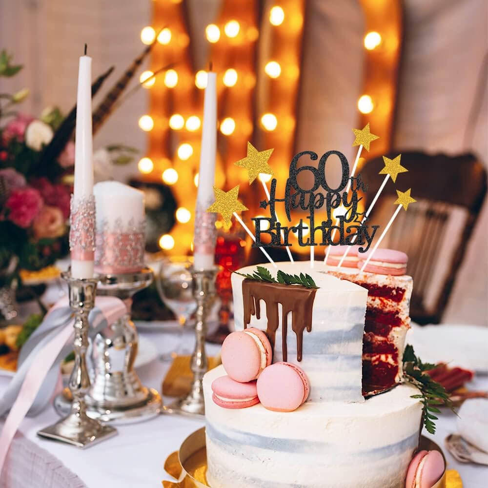Glittery 60th Happy Birthday Cake Topper with Star,Personalised 60 Birthday Cake Toppers Party Decorations Party Supplies for Men Women Black Gold