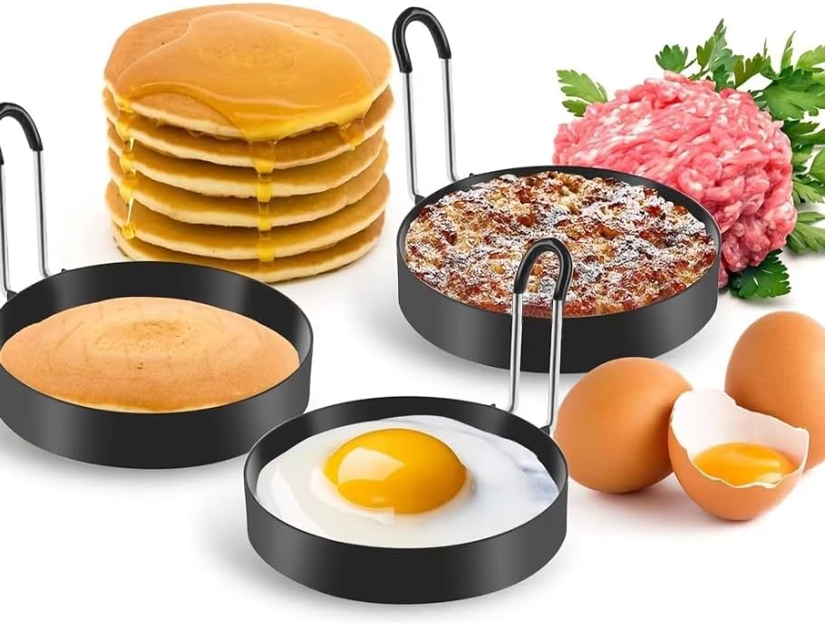 3.5" Egg Rings Mold with Plastic Handle, Round Mold for English Muffins - Griddle Cooking Shaper for Indoor Camping Breakfast Sandwiches w/Silicone Oil Brush (3.5 inch Plastic handle)