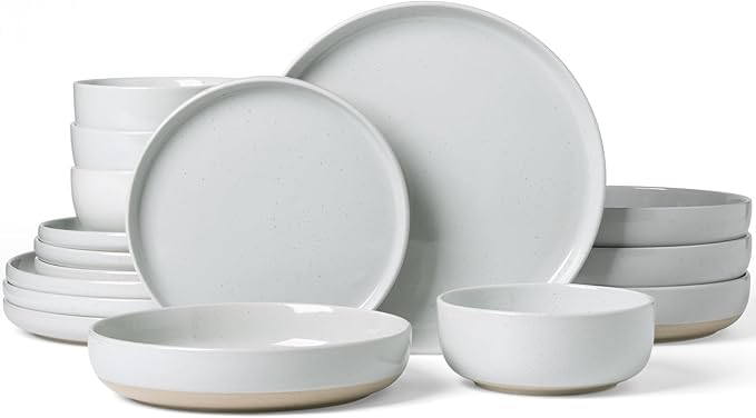 Famiware Milkyway Stoneware Dinnerware Sets with Pasta Bowls, Service for 4 (16 Pieces), Plates and Bowls Sets -Scratch Resistant, Microwave and Dishwasher Safe Dishes Set, Light Gray