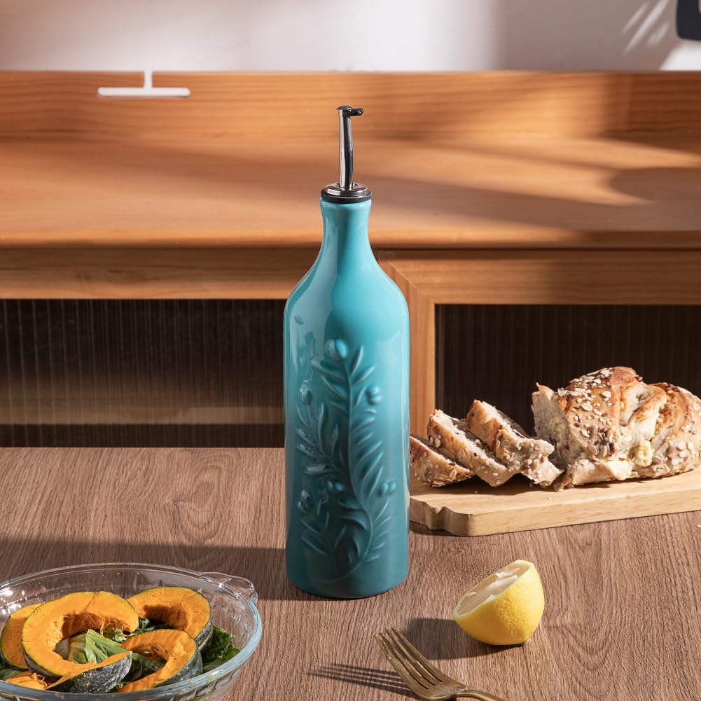Sweejar Large Olive Oil Dispenser Bottle with Spout, 24 Oz Ceramic Oil Dispenser for Kitchen, Relief Opaque Oil Cruet, Oil Container for Cooking, EVOO, Avocado Oil, Vinegar, Pack of 1 (Gradient Blue)