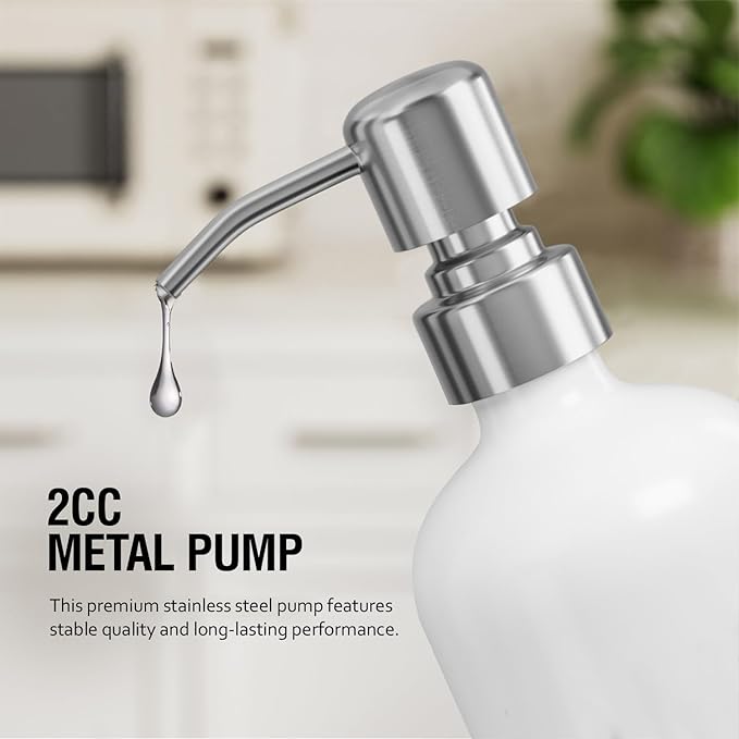 MOMEEMO Soap Dispenser for Kitchen Sink, White Soap Dispenser with Silver Metal Pump, Suitable for Kitchen Decor and Accessories. (White & Silver)