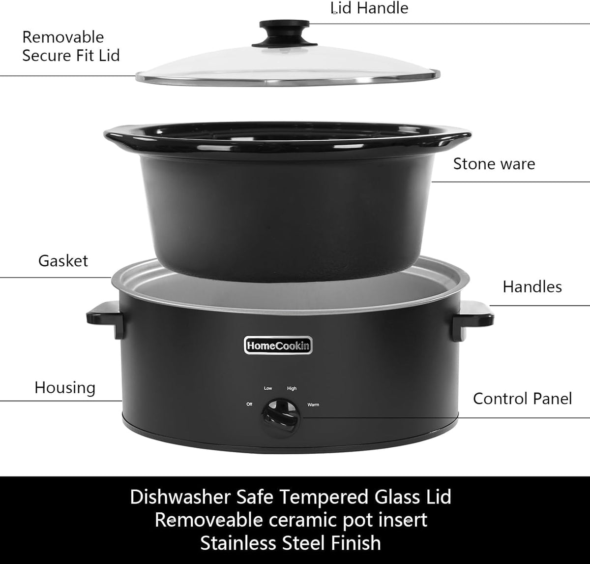 HOMECOOKIN 7 Quart Slow Cooker Oval Manual Pot Food Warmer with 3 Cooking Settings, Black Stainless Steel