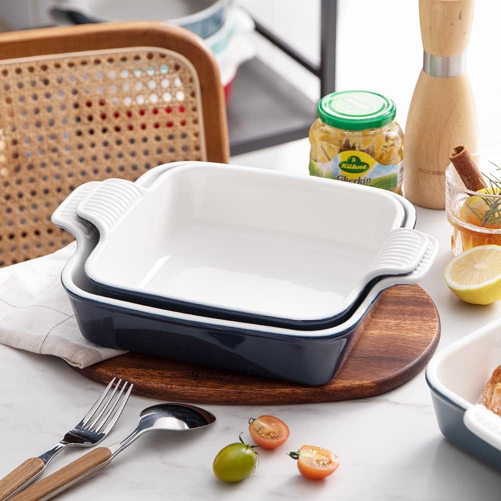 Sweejar Ceramic Baking Dish, 9 x 9 Cake Baking Pan for Brownie, Porcelain Square Bakeware with Double Handle for Casserole, Lasagna, Family Dinner (Navy)