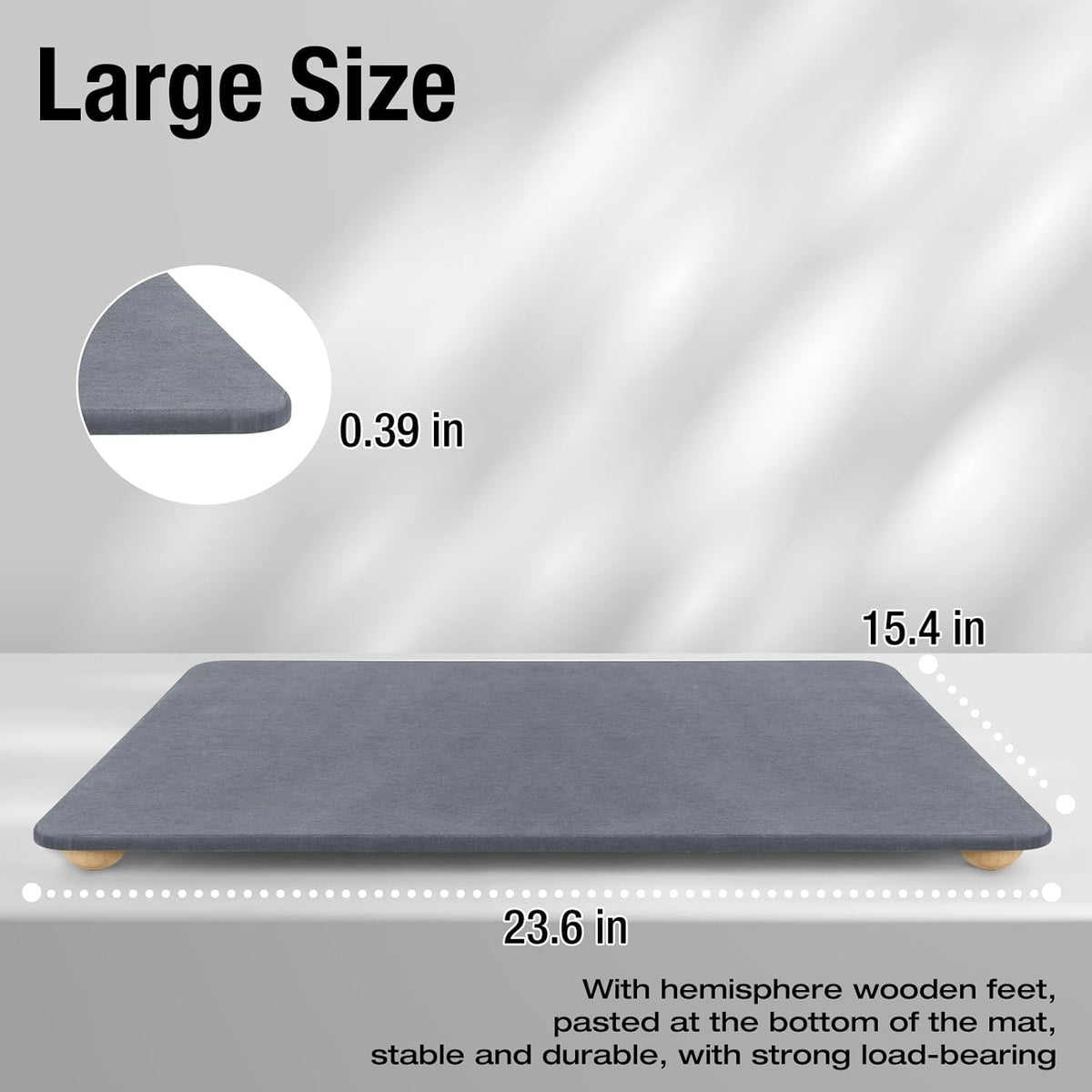 Large Stone Dish Drying Mat for Kitchen Counter, 24"×16" Quick Dry Super Absorbent Eco-Friendly Diatomaceous Earth Stone Mat with hemisphere wooden feet, Non-slip, Heat Resistant, Multi-purpose mats.