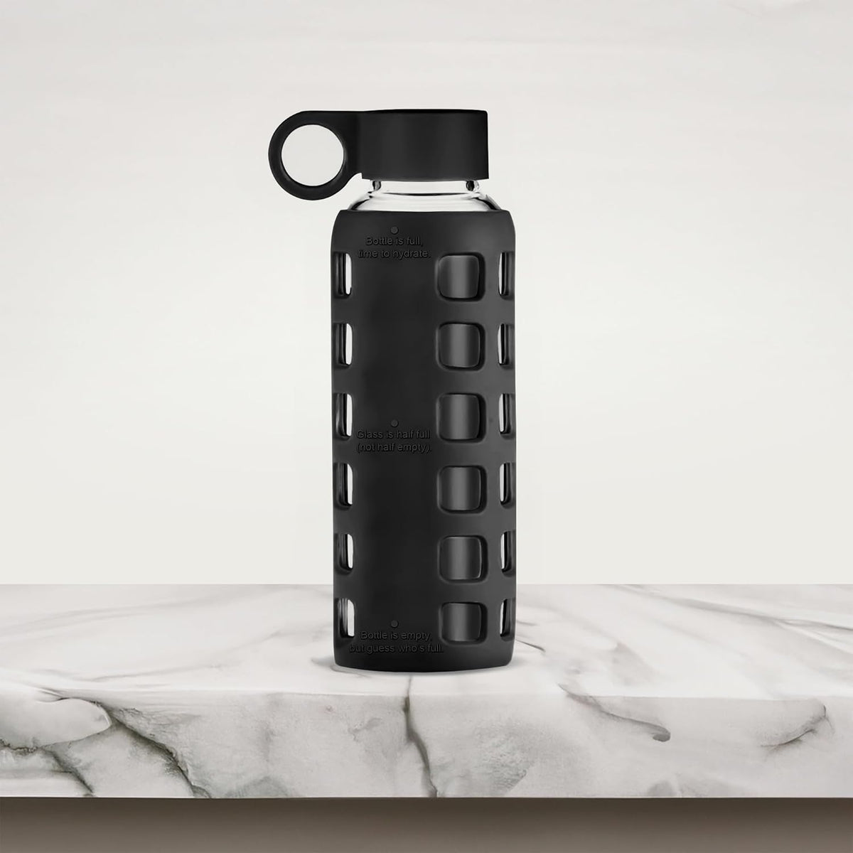 purifyou 40oz / 32oz / 22oz / 12oz Borosilicate Glass Water Bottle with Time & Volume Markers, Silicone Sleeve, Stainless Steel Lid – Reusable Glass Bottle for Water & Juice (12oz Jet Black)