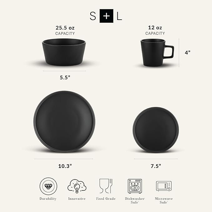 Stone Lain Celina Stoneware 32 Piece Dinnerware Set, Plates and Bowls, Black Matte Dish Collection, Service for 8 – Contemporary Minimalist Style, Microwave & Dishwasher Safe