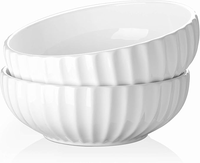 DOWAN 9.8'' Serving Bowls, 86 oz Large Salad Bowl, Ceramic Serving Dishes, Set of 2, Pumpkin Shape for Halloween, Entertaining, Party, Kitchen, Dinner, Banquet, Housewarming Gift, Soft White