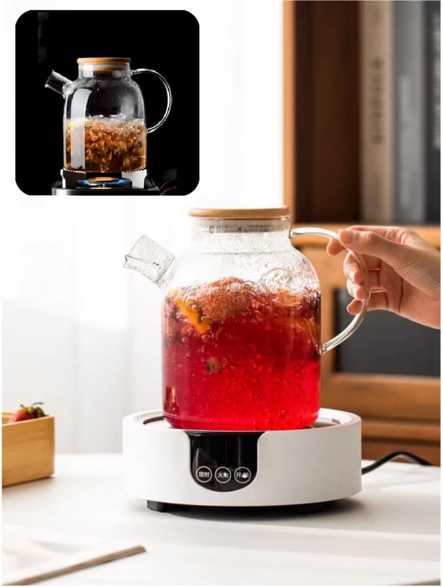SHUWEICAO- Glass Teapot, Stovetop and Microwave Safe Glass Borosilicate Teapot, 60.8 oz Clear Glass Pitcherwith Natural Bamboo Lid and Removable Filter for Making Flower Tea and Juice