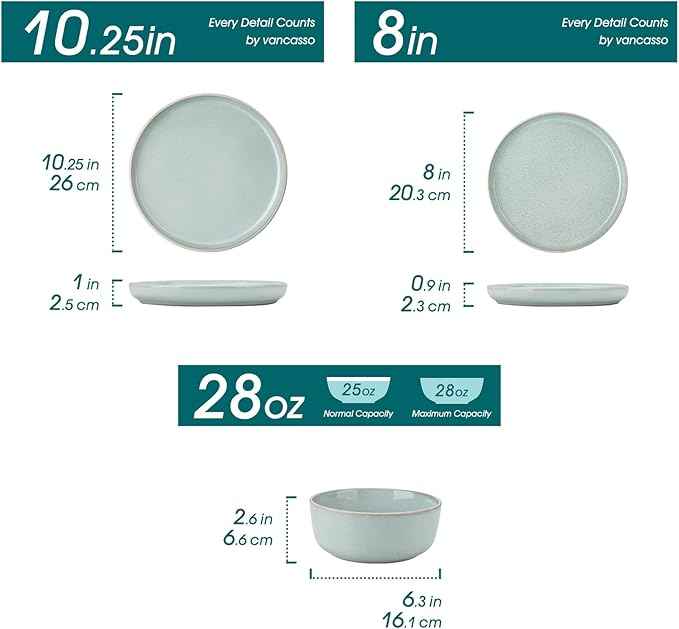 vancasso ANYA 24 Pieces Plates and Bowls Set, Mint Green Dinnerware Sets, Reactive Glaze Dishes Set for 8, Ceramic Dishware Sets Kitchen Dinner Set, Microwave & Dishwasher Safe