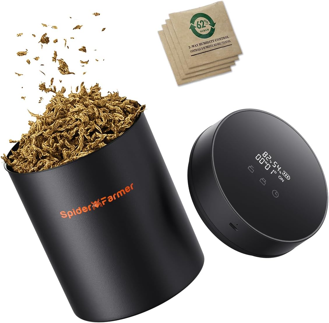 Spider Farmer New Auto-Cure Smart Jar, 2L Portable Vacuum Seal Container with 4 x 62% Humidity Packs, Curing Jar Airtight Storage for Herbs, Mushrooms, Coffee, Spices, Flowers