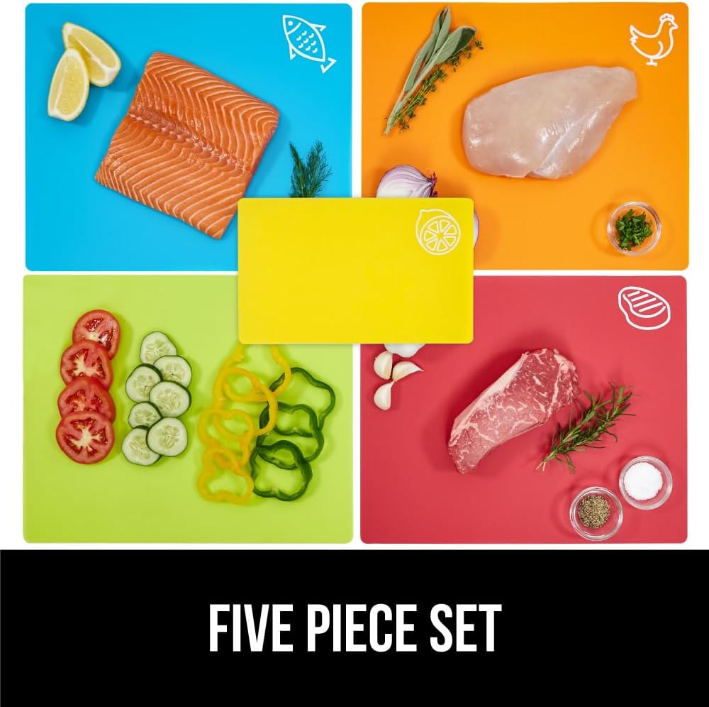GORILLA GRIP 100% BPA-Free Flexible Cutting Board Set of 5, Durable Plastic Mats with Food Icons for Meal Prepping, Large and Mini Kitchen Chopping Mat, Use for Meat Fish Vegetables Fruit, Multicolor