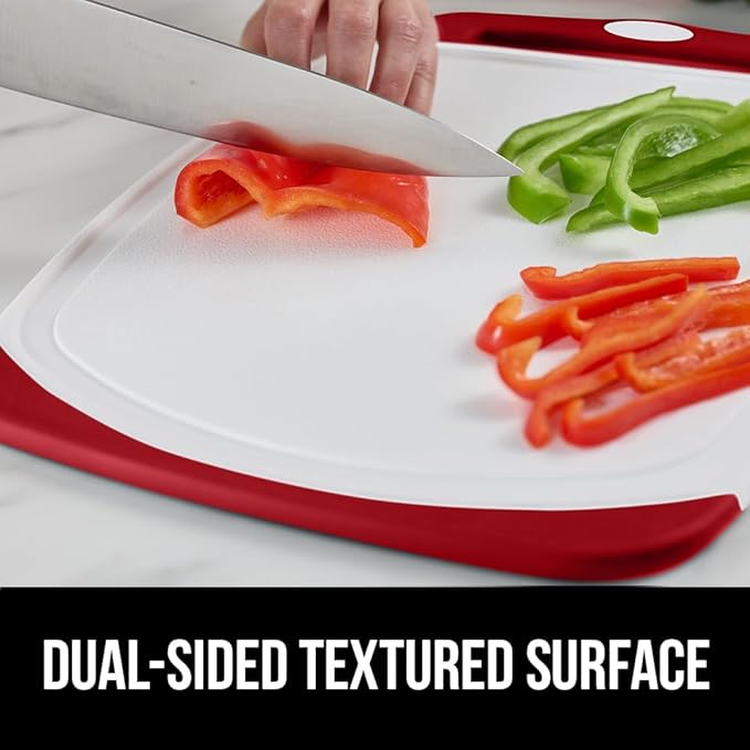 GORILLA GRIP BPA-Free Reversible Kitchen Cutting Board Set of 3, US Designed, Nonporous, Juice Grooves Catch Liquid, Slip Resistant Border, Durable Food Chopping Boards, Christmas Kitchen Decor, Red