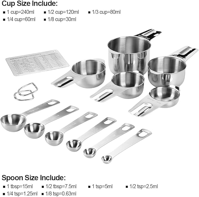 Measuring Cups and Spoons Set Heavy Duty 304 Metal Stainless Steel Measuring Cup Spoon Kitchen Gadgets for Cooking Baking (Set of 14)