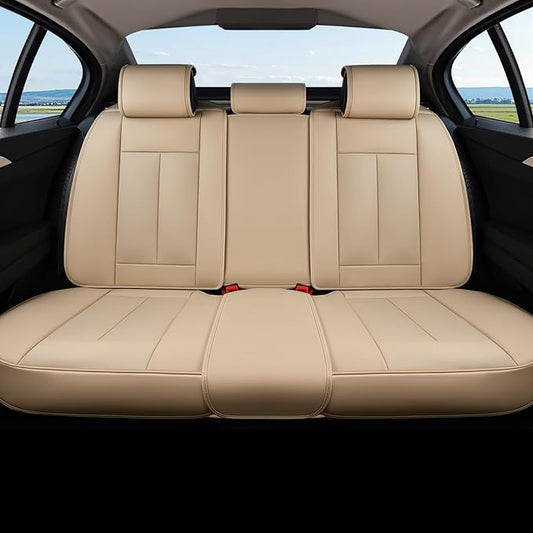 Coverado Car Seat Covers Beige, Backseat Cover for Dogs, Car Seat Protector for Back Seat, Car Seat Cushion Nappa Leather, 3-Pieces Waterproof Seat Covers Carseat Cover Universal Fit for Most Cars