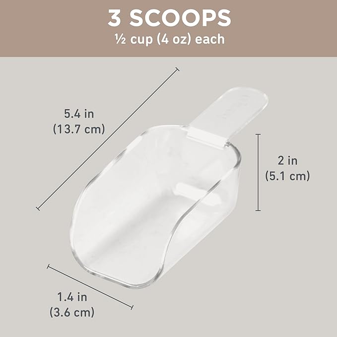 Bentgo Pantry - 3-Piece All Purpose Scoop Set, 1/2 Cup (4 oz) Spoon, Clear & Lightweight, Ideal for Scooping Flour, Sugar, Coffee, Candy, & More for Kitchen and Pantry Containers (Clear)