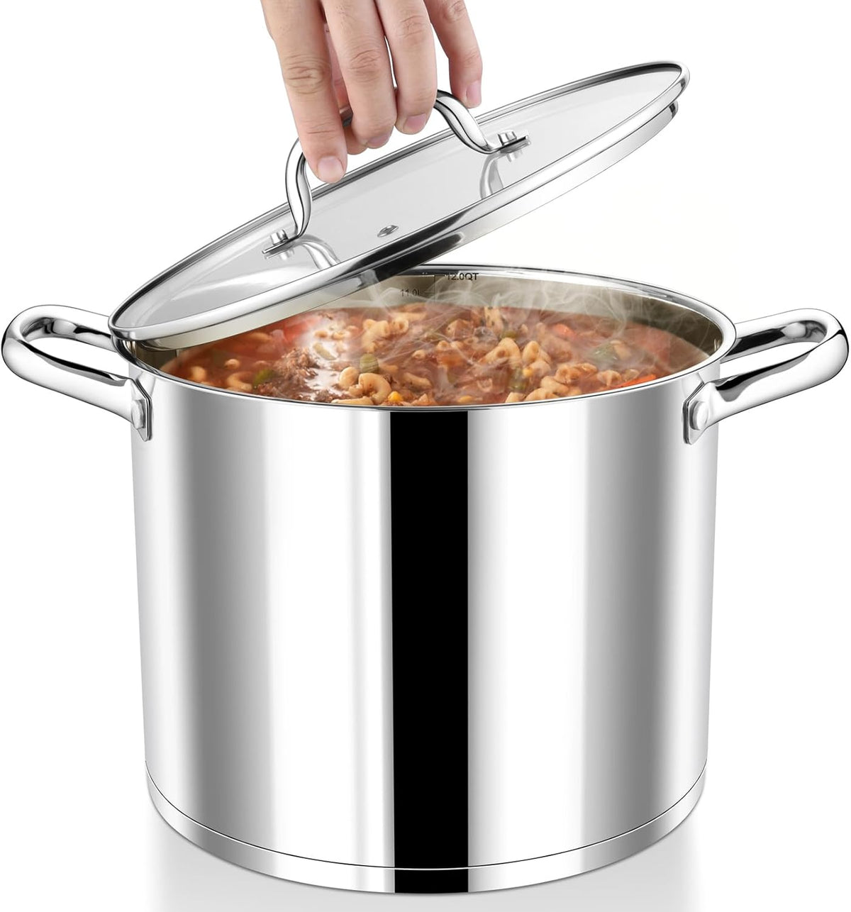 P&P CHEF 12 Quarts Cooking Stock Pot with Lid, Stainless Steel Stockpot Induction Pot for Soup, Tri-Ply Bottom & Clear Glass Lid & Double Handle, Dishwasher Safe