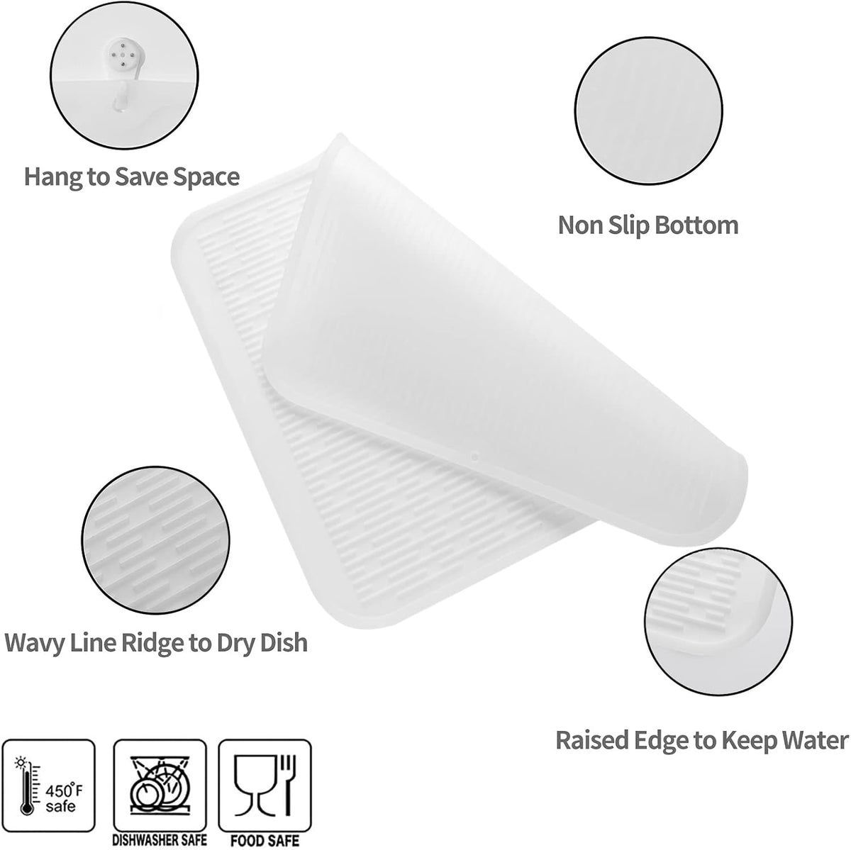 Silicone Dish Drying Mat for Multiple Usage,Easy clean,Eco-friendly,Heat-resistant Silicone Mat for Kitchen Counter or Sink,Refrigerator or Drawer Liner Translucent 2XL 24 inches x 18 inches