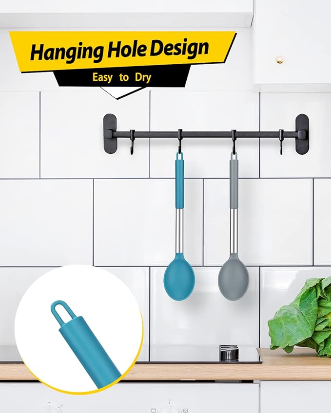 Pack of 2 Large Silicone Cooking Spoon Non Stick Solid Basting Spoons Heat-Resistant Kitchen Utensils for Mixing Serving (Gray-Blue)