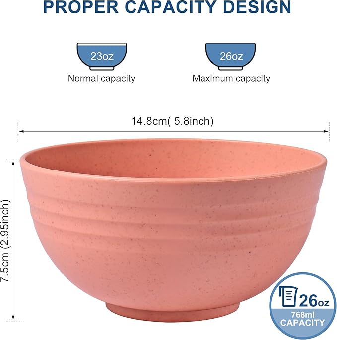 HOTEC 12-PACK BPA Free Unbreakable Plastic Cereal Bowls - Microwave & Dishwasher Safe Soup Salad Camping Bowls, 26OZ, Multicolor