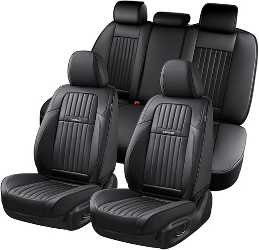 Coverado Car Seat Covers Full Set, Seat Covers for Cars, Black Car Seat Cover, Car Seat Protector, Nappa Leather Car Seat Cushion, Waterproof Car Seat Covers Front Seats and Back Fit for Most Cars