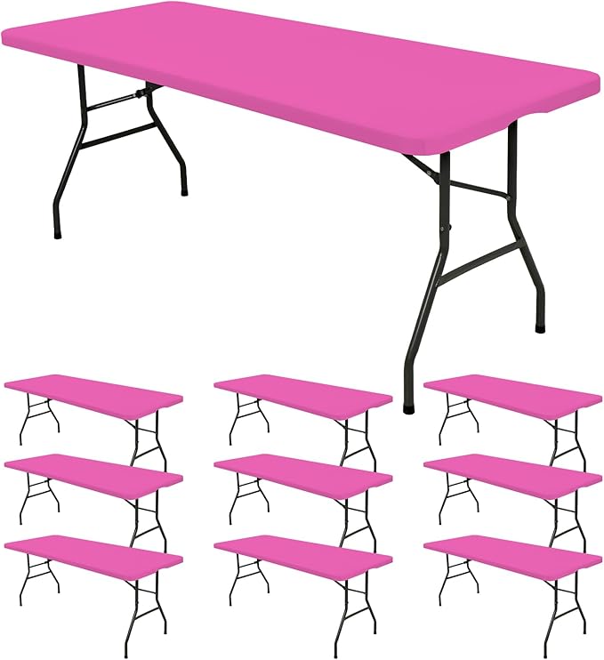 10 Pack Fitted Tablecloth for 8 Foot Rectangle Tables, Hot Pink Elastic Outdoor Picnic Table Cover, Washable Stretch Folding Table Cloths 8 ft for Camping Party Patio Kitchen Banquet, 30" W x 96" L