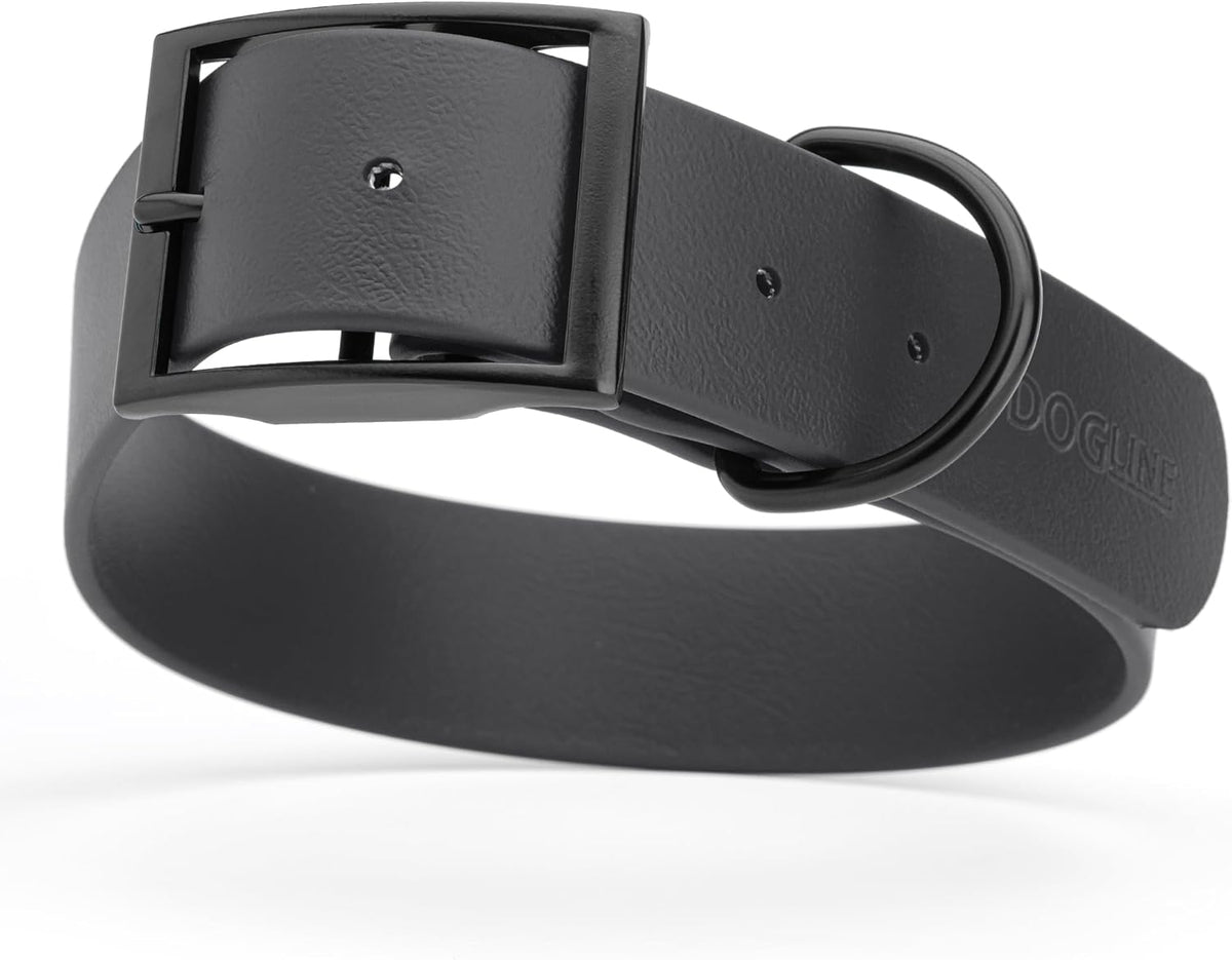 Dogline Biothane Waterproof Dog Collar Strong Coated Nylon Webbing with Black Hardware Odor- Proof for Easy Care Easy to Clean High Performance Fits Small Medium or Large Dogs, Black