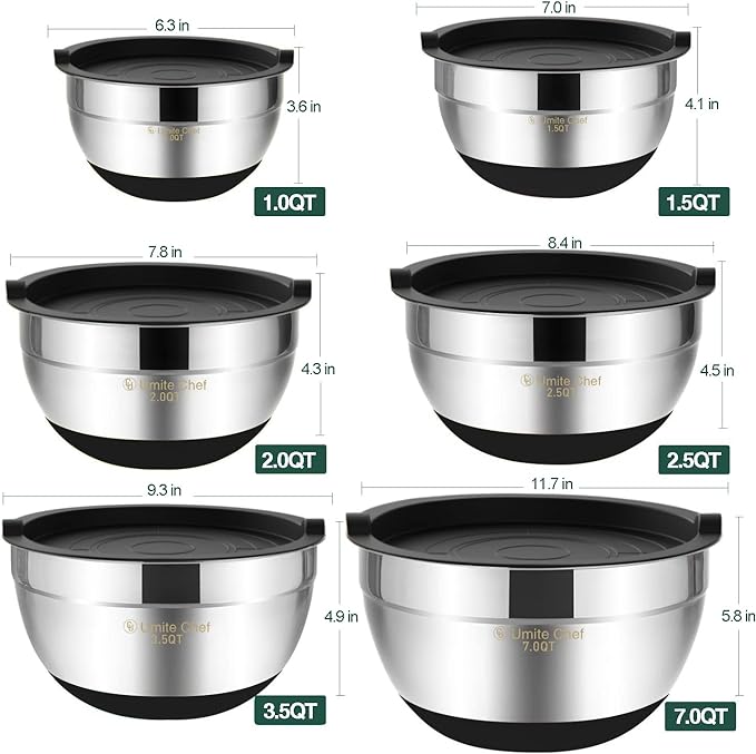 Umite Chef Mixing Bowls with Airtight Lids，6 piece Stainless Steel Metal Nesting Storage Bowls, Non-Slip Bottoms Size 7, 3.5, 2.5, 2.0,1.5, 1QT, Great for Mixing & Serving(Black)