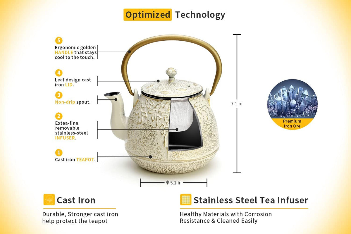 Toptier Cast Iron Tea Kettle, Stovetop Safe Japanese Cast Iron Teapot with Infuser, Leaf Design Tea Kettle for Stove Top Coated with Enameled Interior for 32 Ounce (950 ml), Warm Beige & Gray
