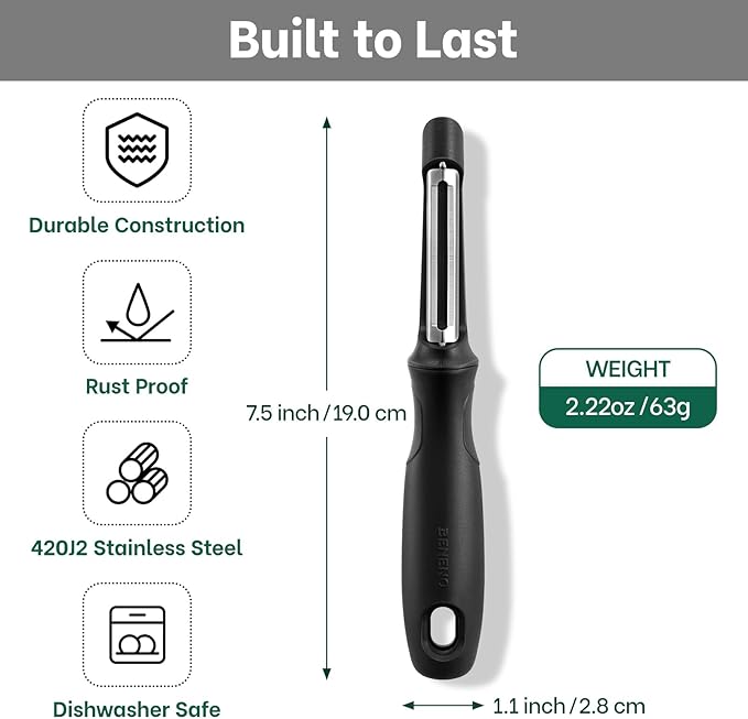 Beneno Swivel Vegetable Peeler, Razor-Sharp Smooth Peeling Potato Peelers with Stainless Steel Blades, Ergonomic Comfort Non-Slip Rubber Handle, Durable Kitchen Peelers with Potato Eye Remover, Black