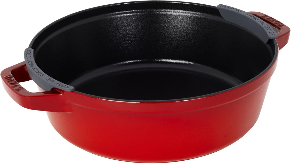 STAUB Cast Iron Set 4-pc, Stackable Space-Saving Cookware Set, Dutch Oven, Skillet, Grill Pan with Universal Lid, Made in France, Cherry