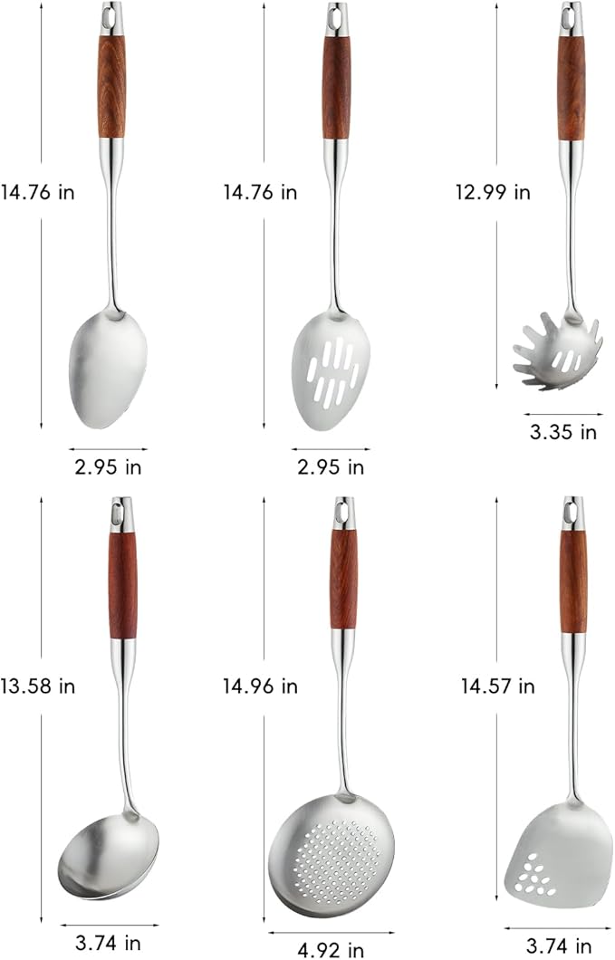 Stainless Steel Kitchen Utensils Set with Wood Handle, 18/10 Metal Cooking Utensils Set, 6-Piece - Spatula, Spoon, Ladle, Skimmer, Slotted Spoon, Pasta Server (Dishwasher Safe)