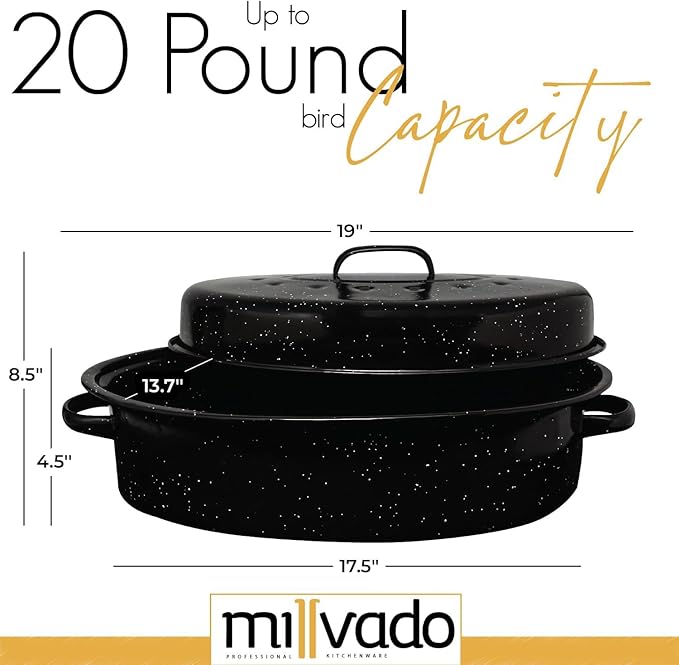 Millvado Roasting Pan With Lid, Thanksgiving Turkey Roaster Pan, Extra Large 20 lb Capacity, 19" Granite Oven Roaster Oval Shaped Speckled Enamel on Steel Cookware,for Roasting Turkey, Chicken, Lamb
