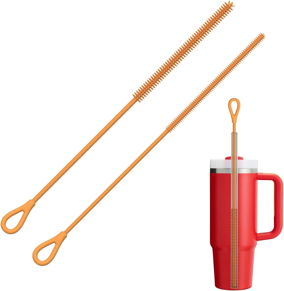 YOTIME Silicone Straw Cleaner Brush, 2Pcs Reusable Straw Brush Extra Long for Cleaning Tumbler with Handle and Glass Metal Smoothie Straws, Non-slip Handle Soft and Bendable, 6mm+9mm, Orange