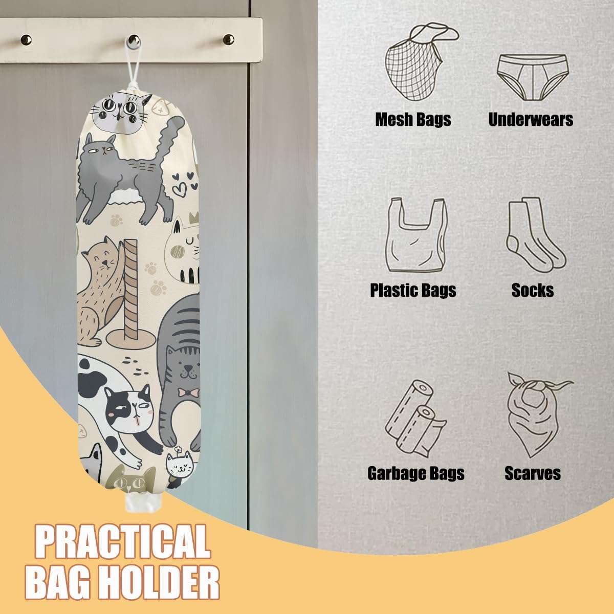 Cat Plastic Bag Holder, Wall Mount Grocery Bag Holder, Plastic Storage bag, Pull Rope Free Adjustment, Plastic Bag Holders for Grocery Bags, Plastic Bag Dispenser for Home Kitchen Travelling