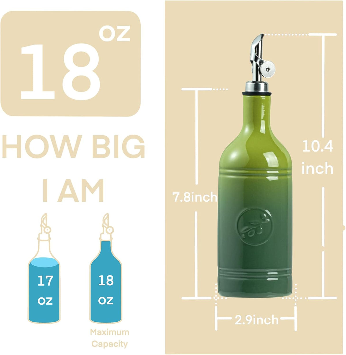 Olive Oil Dispenser Bottle with Spout, 18 oz Ceramic Oil Dispensers for Kitchen, Opaque Cruet, EVOO & Vinegar Bottle with Automatic Stainless Steel Pourer, Pack of 1, Gradient Green