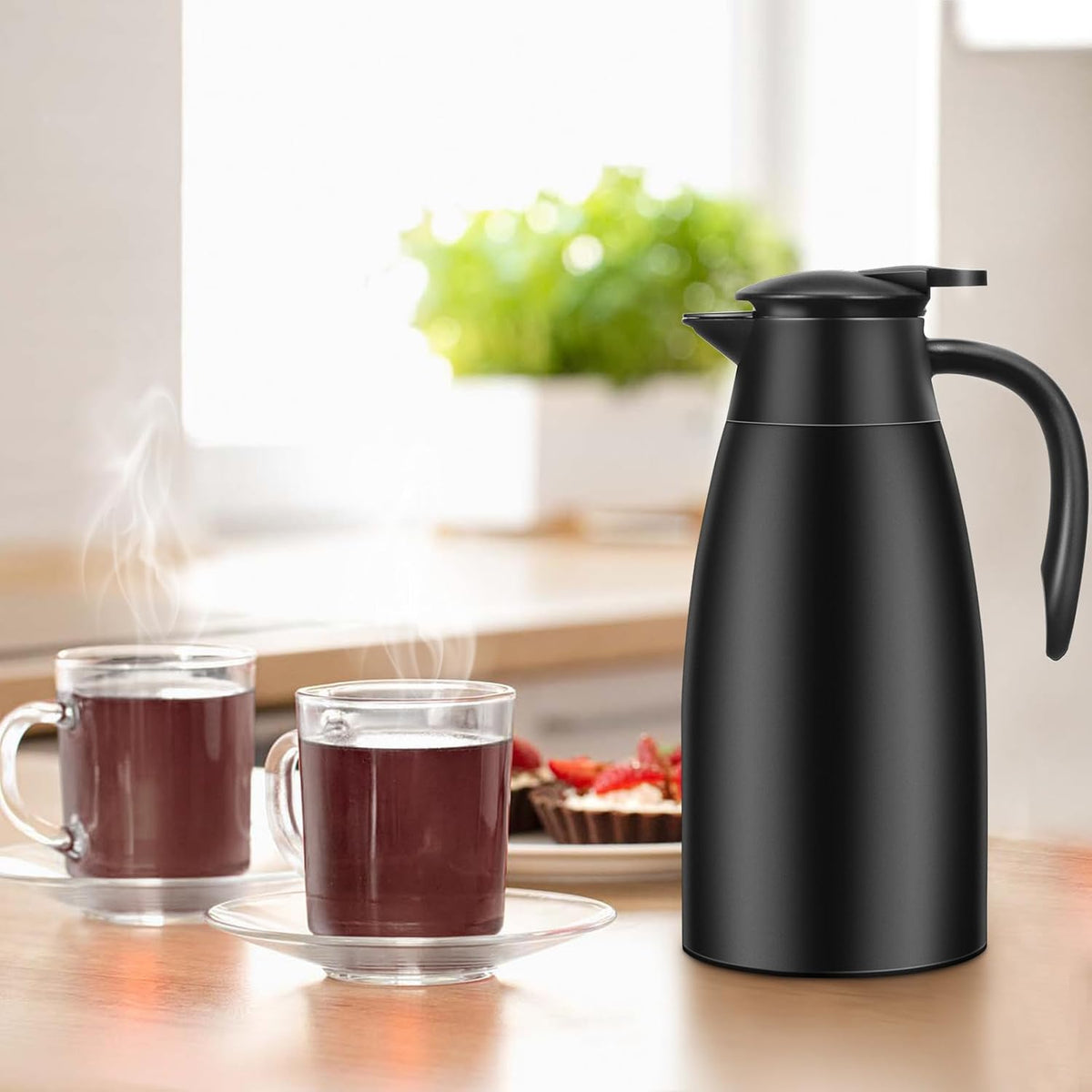 2 PCS 68 OZ Thermal Coffee Carafe, Insulated Stainless Steel Coffee Carafe Double Walled Vacuum Thermal Pot Flask with Brushes Thermos for Keeping Hot Coffee Tea Home and Office (Black)