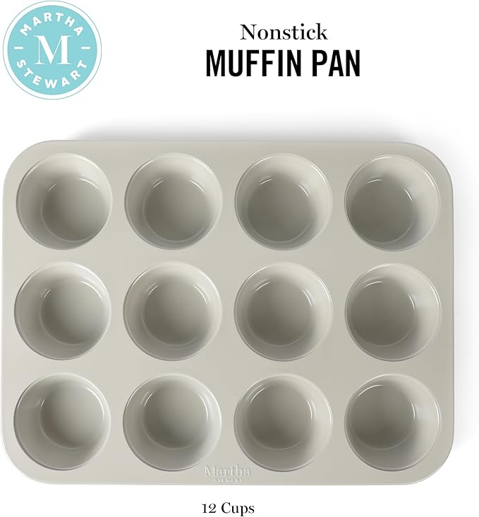 Martha Stewart Gallen 12-Cup Nonstick Carbon Steel Muffin and Cupcake Pan – Cool Grey, Durable Bakeware for Even Baking and Easy Release