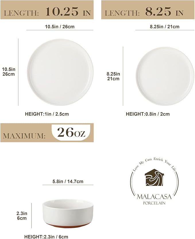 MALACASA Plates and Bowls Sets, 24 Pieces Modern Ceramic Dinnerware Set for 8 Kitchen Stoneware Dishes Dishware Set Microwave and Dishwasher Safe, White, Series TARA