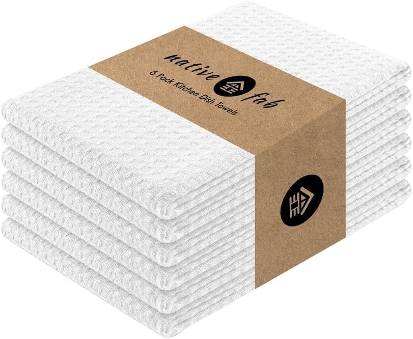 Native Fab Cotton Kitchen Towel with Hanging Loop 16x26 inches, 6-Pack, Waffle Weave Kitchen Towels for Cleaning Drying, Washcloths Soft & Absorbent Cloth Rags, Bar Towel, Dish Cloth, White
