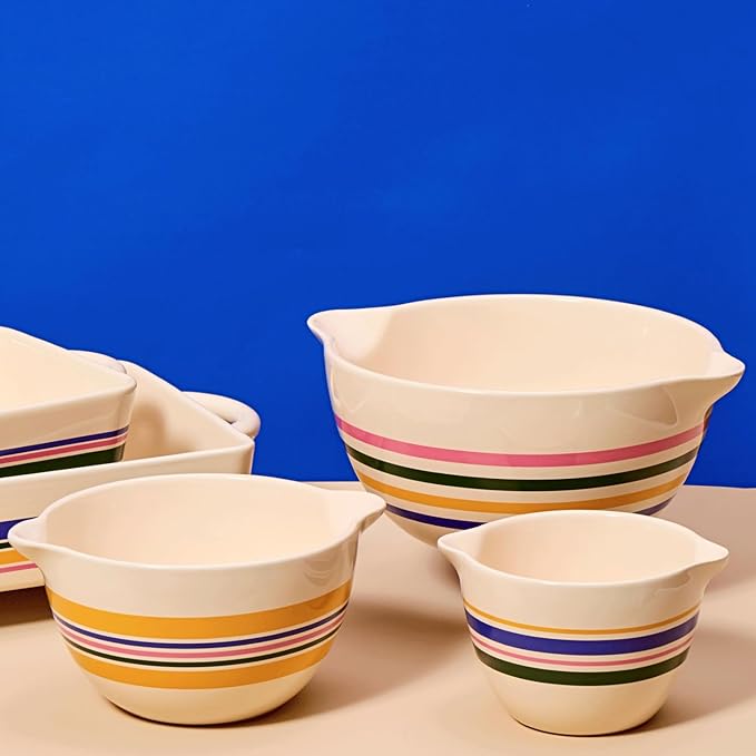 Great Jones Stir Crazy 3-Piece Stackable Ceramic Mixing Bowl Set (6.8", 9.1", 12") | Dishwasher, Freezer & Microwave Safe | Perfect for Baking, Serving & Mixing | Nestable for Easy Storage (Striped)