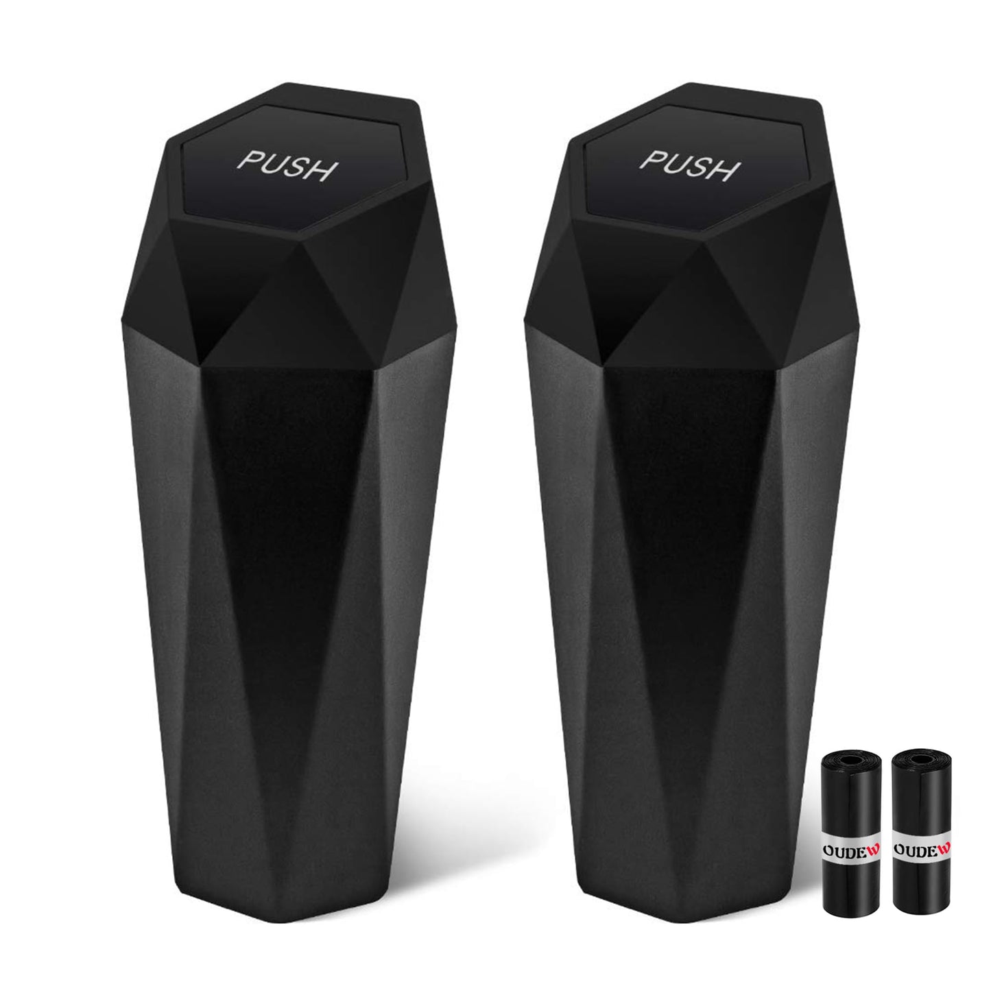 OUDEW Car Trash Can with Lid, Leakproof, 30 Trash Bags, Black, 2 Pack