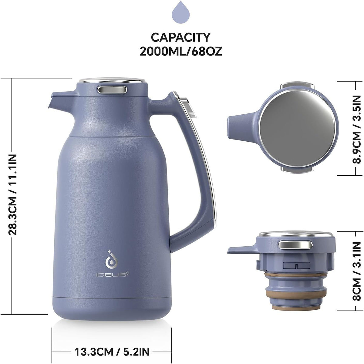 IDEUS Thermal Coffee Carafe 68oz (2,000ml), Stainless Steel Double Wall Insulated Vacuum Flask, Water Jug Coffee Server and Beverage Dispenser, Heat and Cold Retention (Ocean Blue, 68oz (2,000ml))