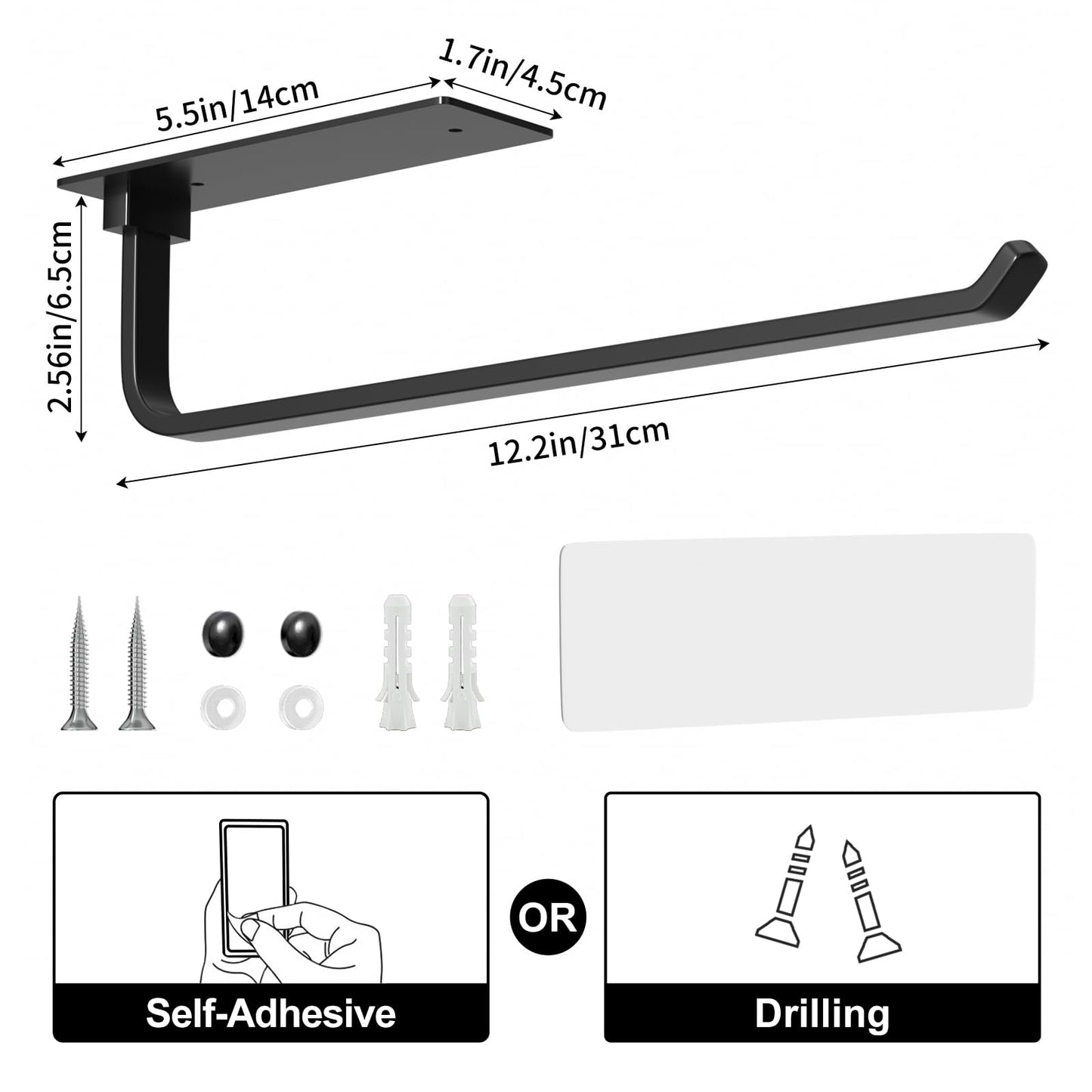 Paper Towel Holder Under Cabinet, Self-Adhesive or Drilling, Matte Black