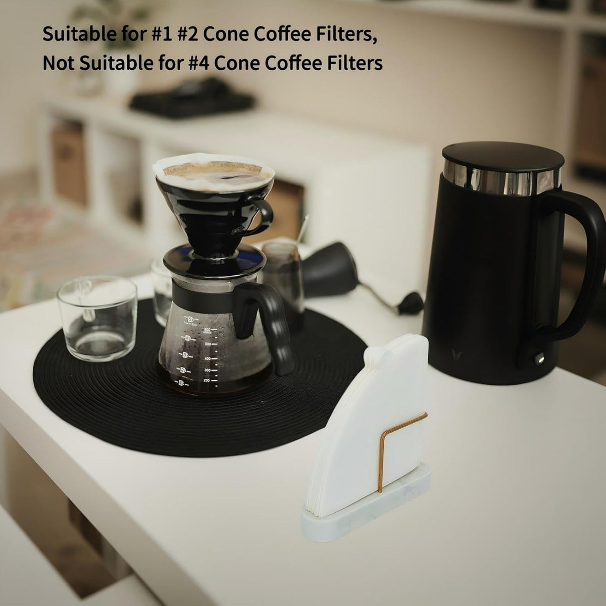 Cone Coffee Filter Holder for Counter, Coffee Filter Storage Container for Cone Paper Filters Size #01 ＆ #02, Marble Base with Non-Slip Pad (White)